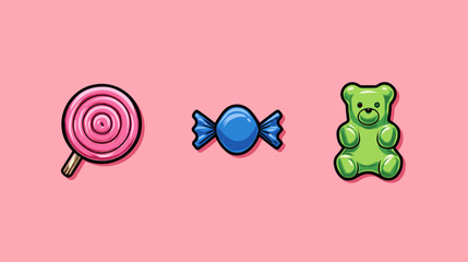 Colorful candy illustrations featuring a lollipop, wrapped candy, and a gummy bear on a pink background
