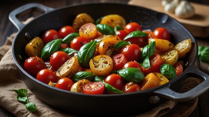 Fresh Tomato and Basil Sautéed Vegetables in a Pan. Featuring Rustic Mediterranean Cuisine