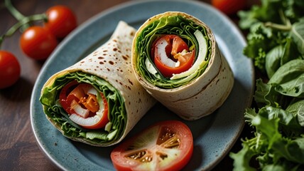 Healthy Vegetable Wraps Served on a Plate. Packed with Leafy Greens and Tomatoes