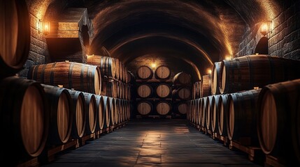 Dimly lit cellar with rows of wooden barrels stored under an arched stone ceiling creating a warm and cozy atmosphere