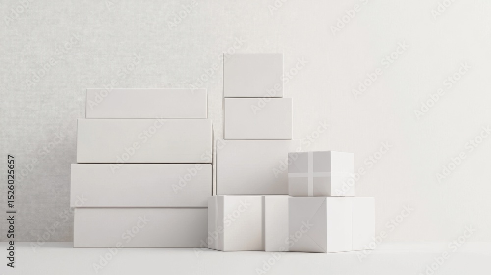 Poster a collection of neatly stacked white boxes on a clean background, perfect for showcasing minimalist 