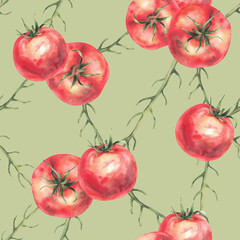 Tomatoes with stalk, plant stem seamless pattern. Red vegetables realistic watercolor hand painted illustration. Juicy fruit, farming food for fabric, packaging Isolated green coloured background