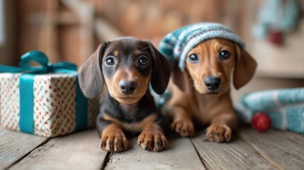 Two dachshund puppies in holiday hats