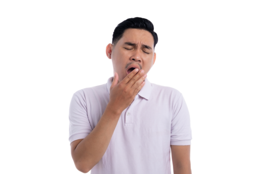 Young Asian man yawning and covering mouth with hand while feeling tired isolated on transparent background