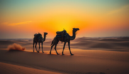 Desert Sunset Camels Silhouette, Sand Dunes, Golden Hour