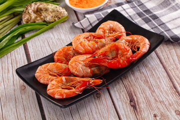 Delicous boiled tiger prawn with sauce