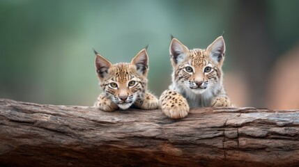 Two lynx kittens on log