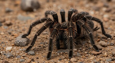 Close-up of a hairy tarantula spider on ground, showcasing its detailed legs and body.