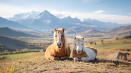 Two ponies resting in a meadow, mountains in the background