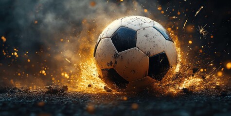 Fototapeta premium Close-up of a worn soccer ball impacting the ground with fiery sparks and smoke, conveying intense energy and dynamic motion