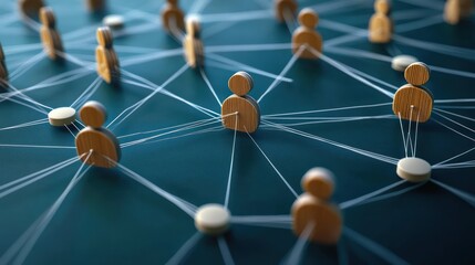 Wooden human figures connected by white strings forming a network on a dark teal surface, symbolizing social or professional connections