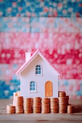 Miniature house on coins, patriotic backdrop
