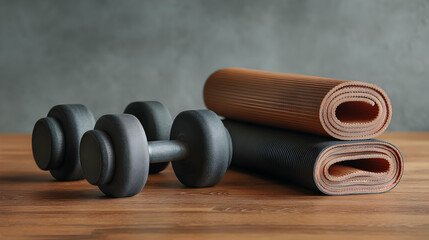 Fitness equipment for a healthy lifestyle concept showcasing dumbbells and yoga mats on a wooden surface