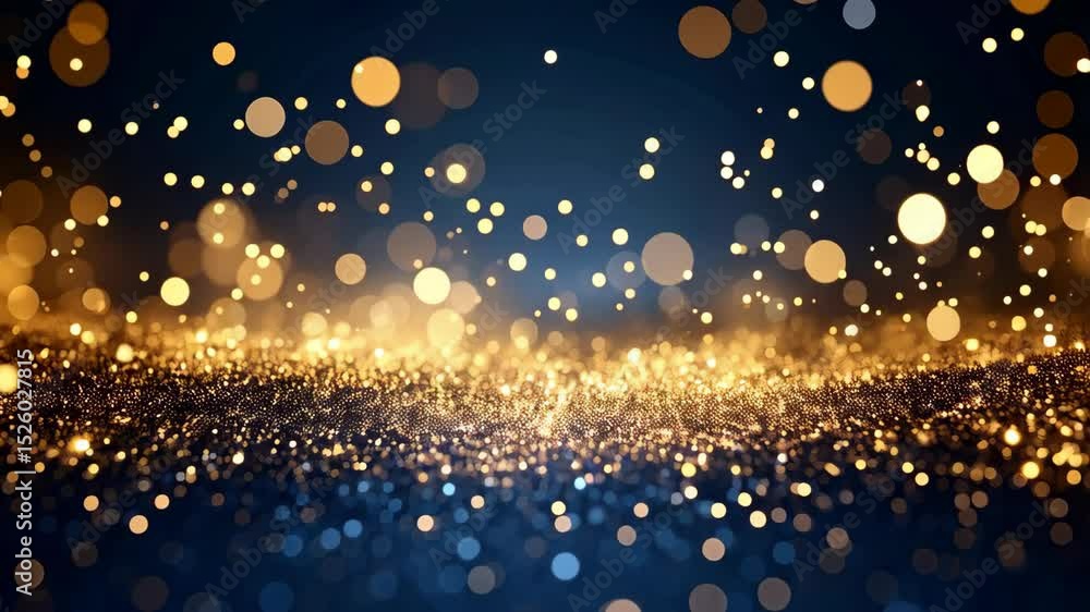 Poster abstract background with sparkling gold glitter dust and blurred bokeh lights on a gradient blue sur