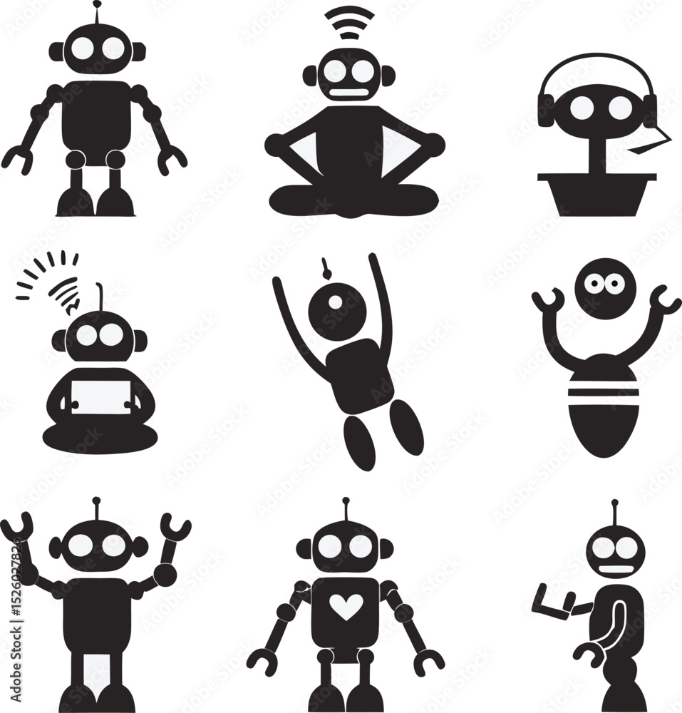 Aufkleber collection of simple and modern robot silhouettes demonstrating various actions and concepts for des