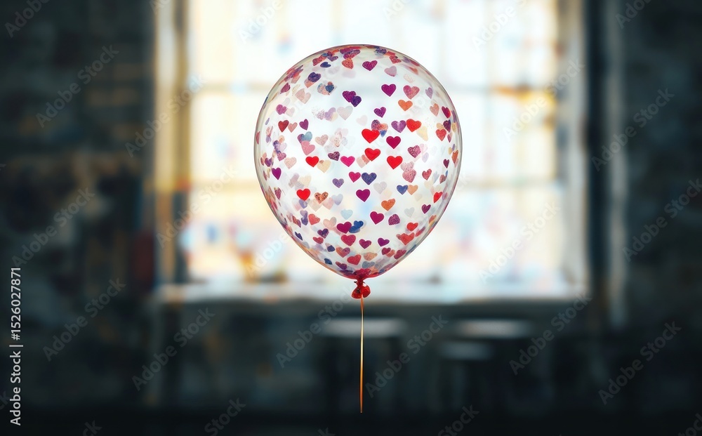 Poster transparent balloon decorated with multicolored heart shapes floating indoors with blurred window an