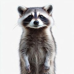 Fototapeta premium Cute raccoon standing upright with bright eyes and fluffy fur looking directly at the viewer on a clean white background