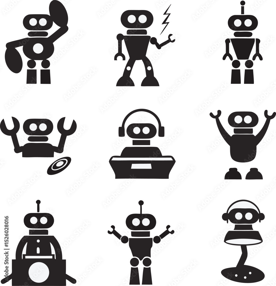 Poster collection of stylized robot silhouettes showcasing various actions and designs in a monochrome mode