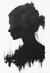 Silhouette of a woman's profile with hair in a bun, created with textured black paint strokes on a white background, evoking mystery and introspection