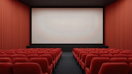 Fototapeta premium Rows of plush red velvet seats face a gleaming white screen, framed by dimmed lights and elegant red wall panels. 