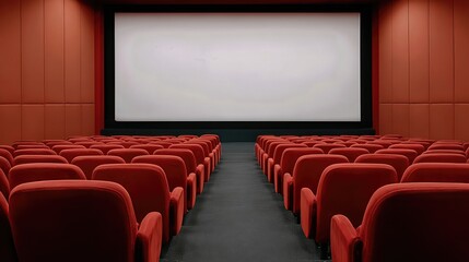 Fototapeta premium Rows of plush red velvet seats face a gleaming white screen, framed by dimmed lights and elegant red wall panels. 