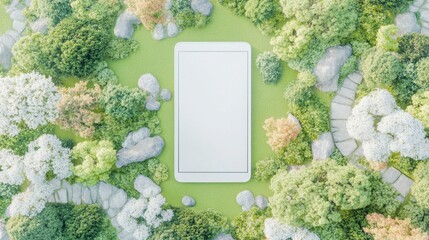 Serene Smartphone Surrounded by Vibrant Greenery and Stones
