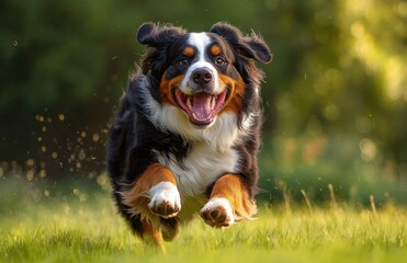 happy dog running through green grass on a sunny day with blurred natural background