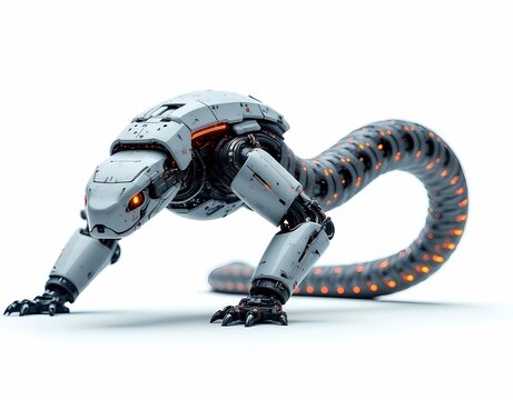 Futuristic robot snake with two hands isolated on white background. Generate AI