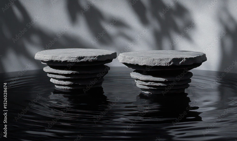 Poster two stone sculptures with layered circular discs sitting in dark reflective water with soft shadow p