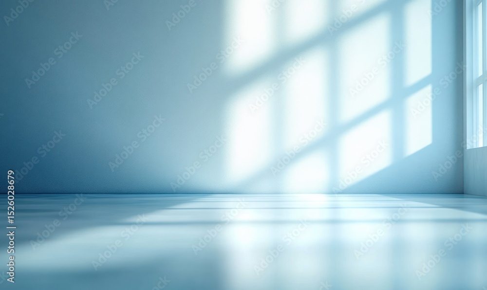 Poster empty room with smooth reflective floor and soft natural light casting window shadows on blue painte