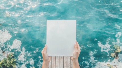 Hands Holding Blank White Board Over Calm Blue Ocean Water Surface