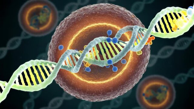 Detailed 3D Render of DNA Double Helix Interacting with Cell Nucleus