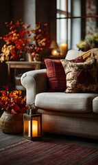 Cozy autumn ambiance in a warm living room featuring soft textures natural light and seasonal decor elements