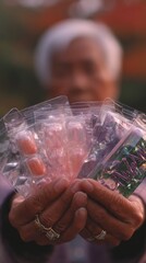 Elderly hands hold blister packs of pills