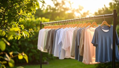 Sun-Dried Clothes Hanging on a Clothesline in a Lush Garden