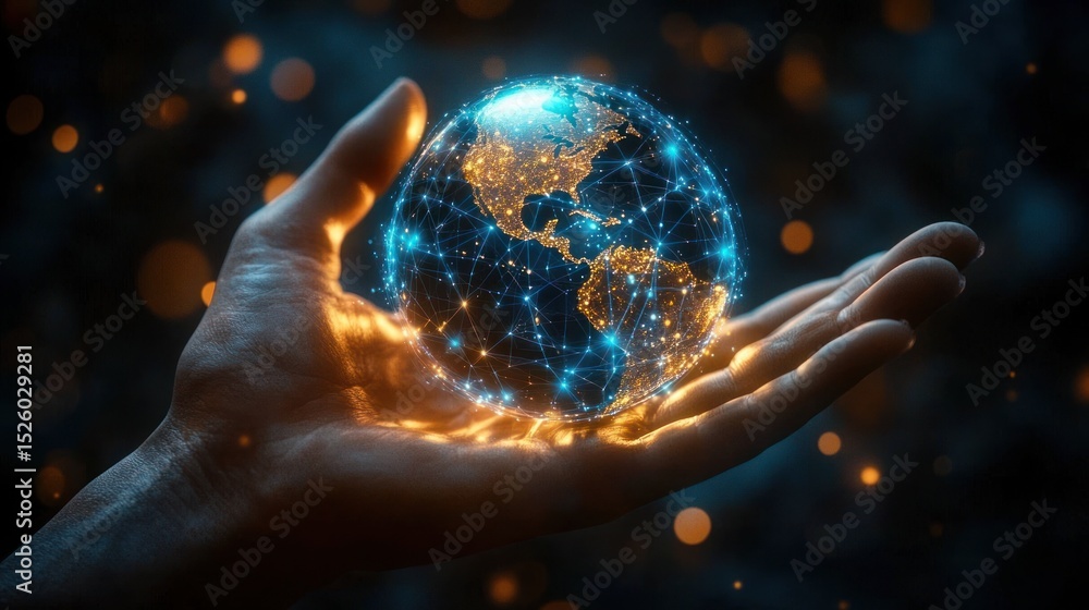 Poster close-up of a hand holding a glowing digital globe with illuminated continents and connected network