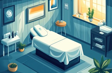 Cartoon isometric massage shop with essential oil bottles