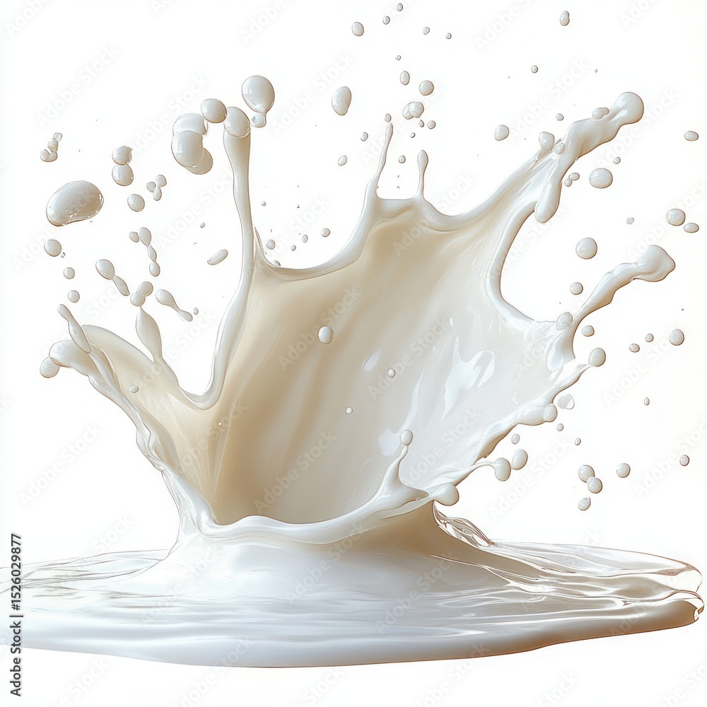 Poster close-up of a creamy white liquid splash frozen in midair against a white background, creating dynam