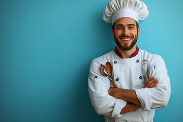 Smiling Chef's Expertise: A charismatic chef, donning a pristine white uniform and chef's hat, beams confidently at the camera. Culinary craft highlighted with cooking utensils on blue background.
