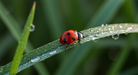 Ladybug on Dew-Covered Grass Blade Macro Photography Nature Wildlife Insect Spring