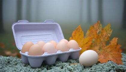 Eggs in a carton, autumn leaves