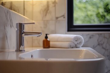 Modern bathroom sink with shiny chrome faucet, white marble countertop, rolled white towels, amber soap dispenser, and a window showing greenery outside