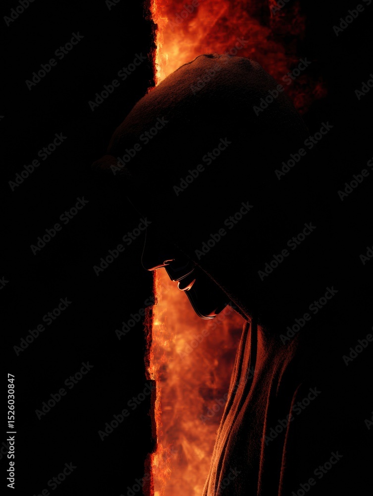 Aufkleber hacker silhouette behind a firewall crack illuminated by flames at night