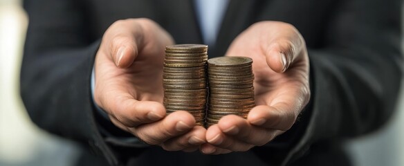 A close-up of hands holding two stacks of coins representing wealth and investment growth. Ideal for financial themes, savings strategies, and economic concepts.