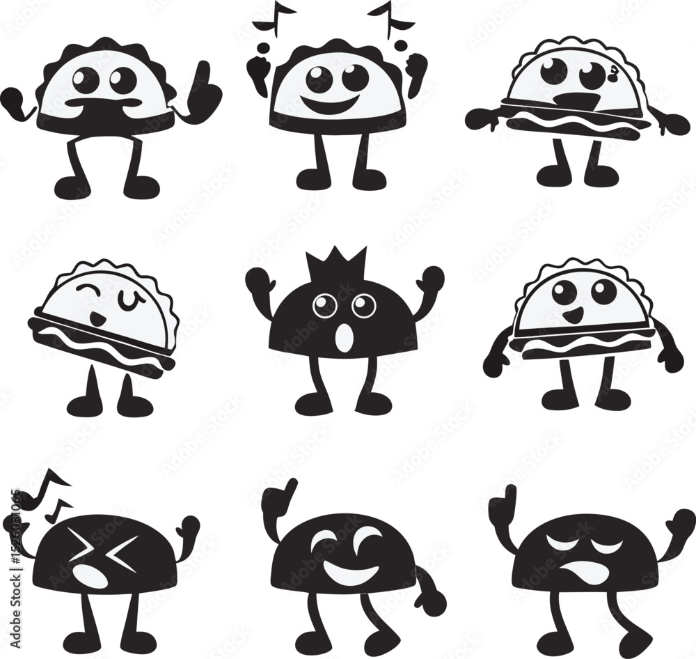 Poster playful collection of vector tacos and animated food characters in various poses representing joyful