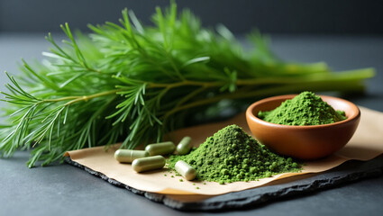 Delicate Dill Forms: Fresh Fronds, Herbal Powder, and Soft Capsules on Parchment