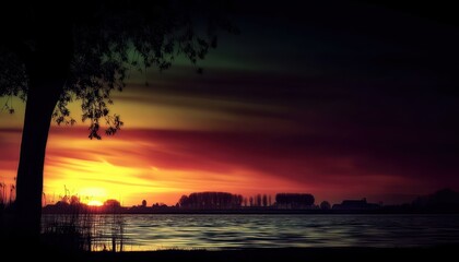 Silhouetted sunset over water