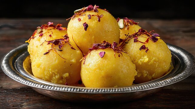 Golden saffron-infused pedha sits on a metallic plate, its creamy texture hinting at rich milk and khoya.
