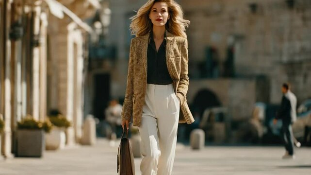 Chic Urban Stroll: A fashionable individual strolls confidently along a sun-drenched European cobblestone street, exuding poise and sophistication.