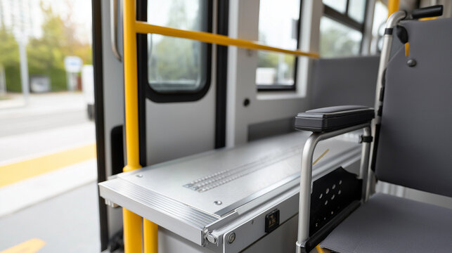Interior view of a public transport bus featuring a foldable wheelchair ramp, accessible seating, and bright yellow handrails, emphasizing inclusivity and modern design elements